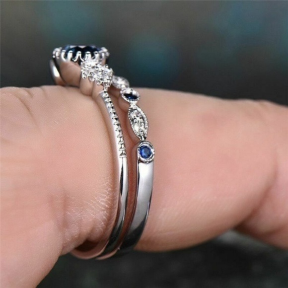 2pcs/set 925 Silver Blue Sapphire Ring New - Picture 5 of 5